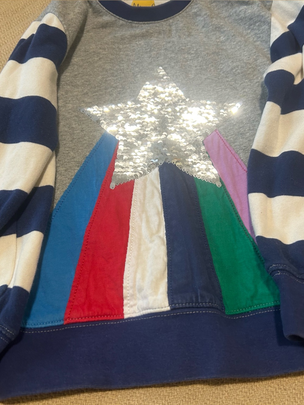 Mini Boden Gray Pullover with Silver Sequin Star and Colorful Panels